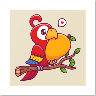 Cute Parrot Bird Eating Mango On Branch Cartoon Posters and Art